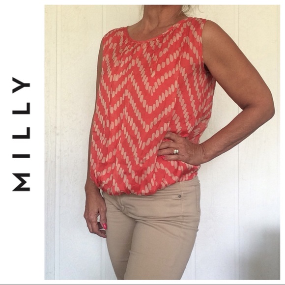 MILLY SILK ORANGE PATTERNED SLEEVELESS BLOUSE SZ 4 - Picture 2 of 8